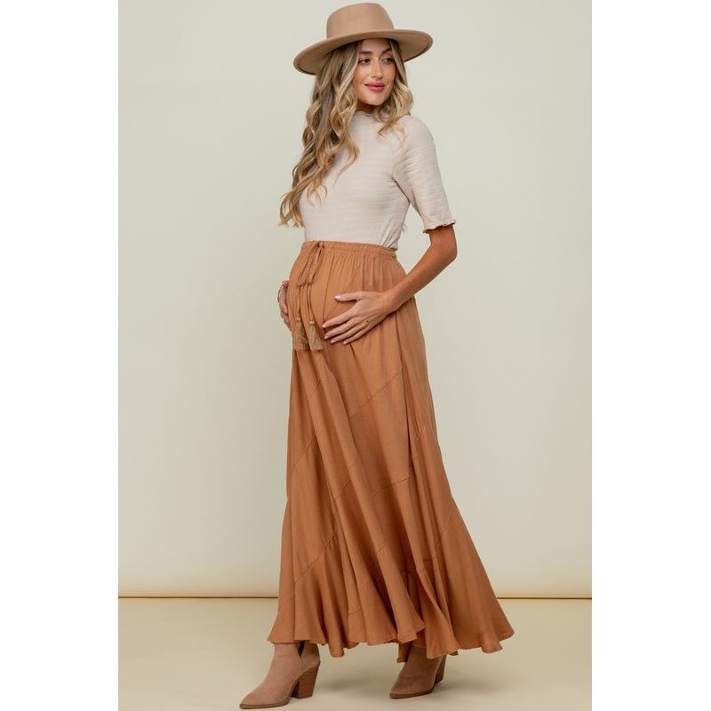 Beige Lettuce Trim Mock Neck Maternity Top