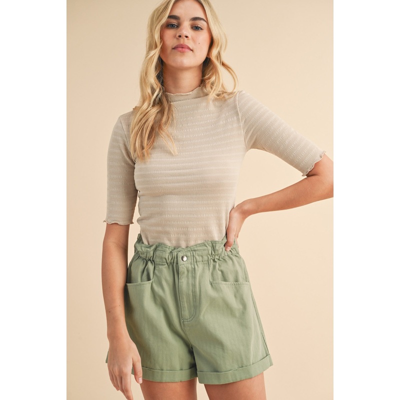 Beige Lettuce Trim Mock Neck Top