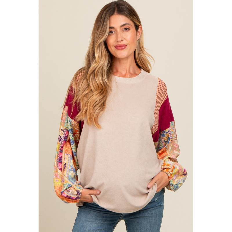 Beige Mixed Print Bubble Sleeve Maternity Top