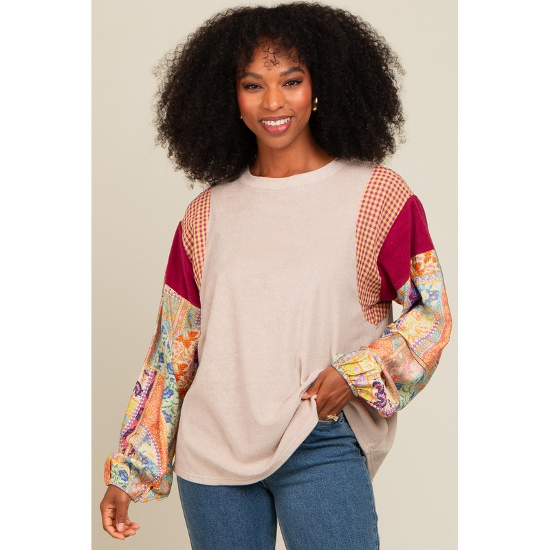 Beige Mixed Print Bubble Sleeve Top