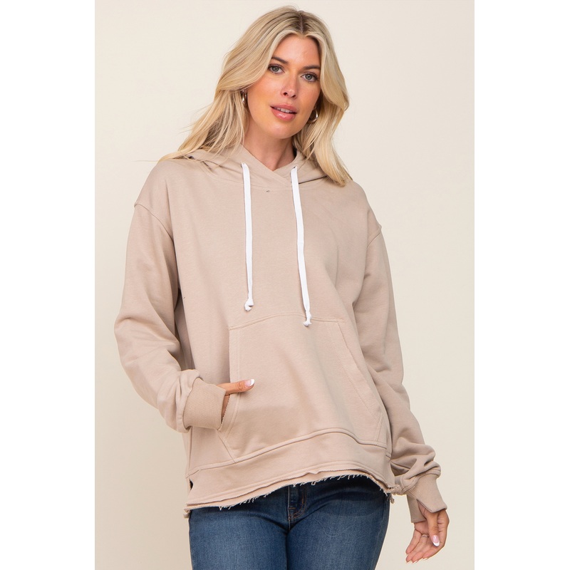 Beige Raw Edge Trim Drawstring Hoodie