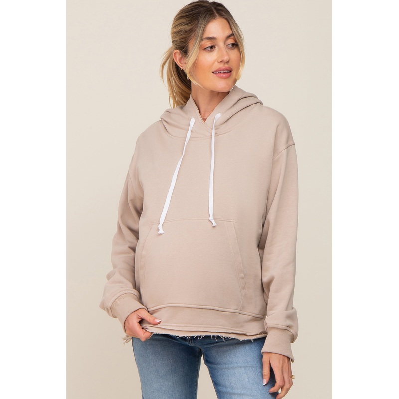 Beige Raw Edge Trim Maternity Drawstring Hoodie