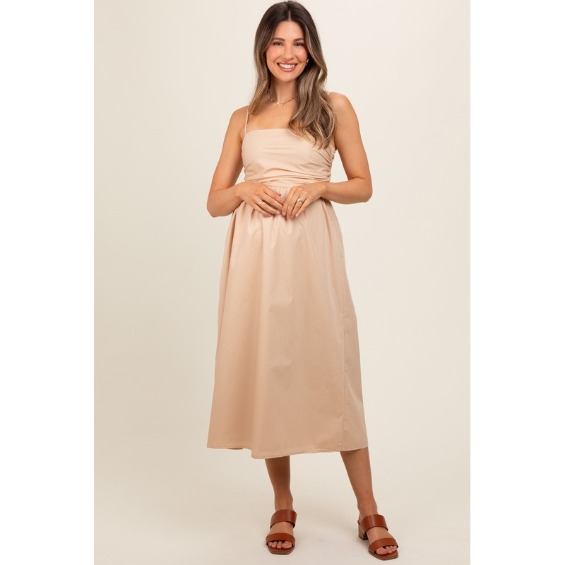 Beige Ruched Maternity Midi Dress