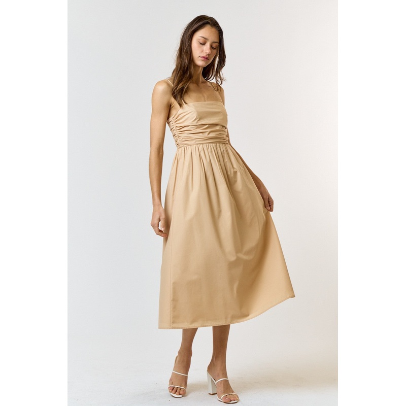 Beige Ruched Midi Dress