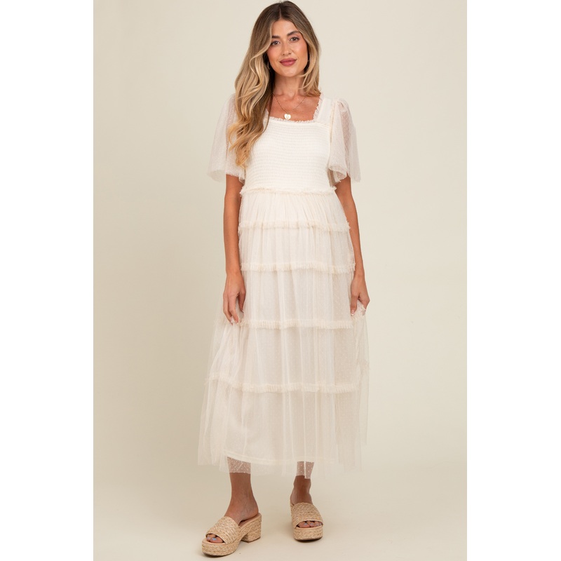 Beige Ruffled Mesh Maternity Maxi Dress