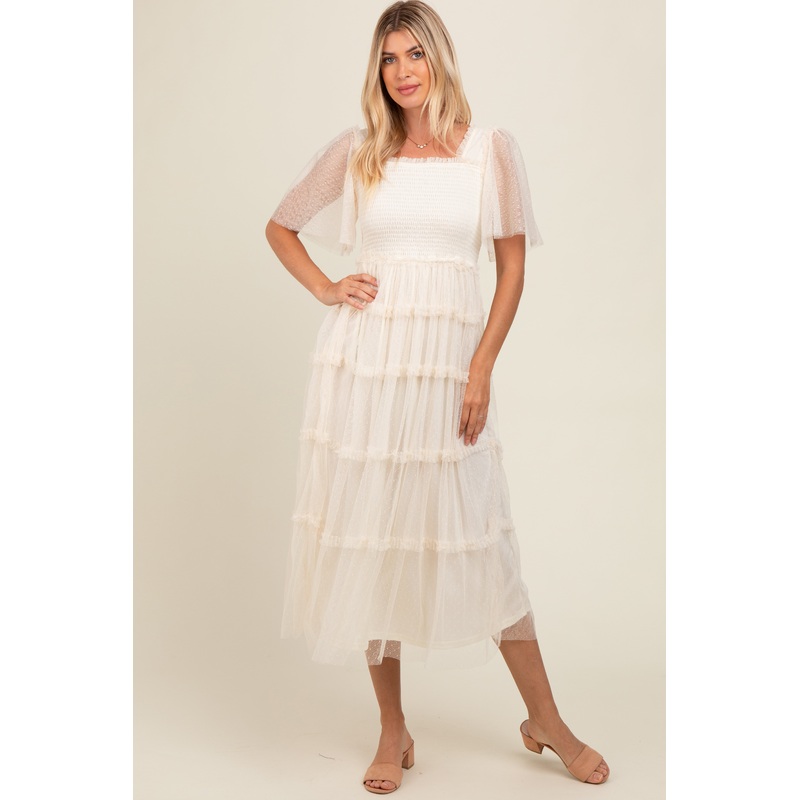 Beige Ruffled Mesh Maxi Dress