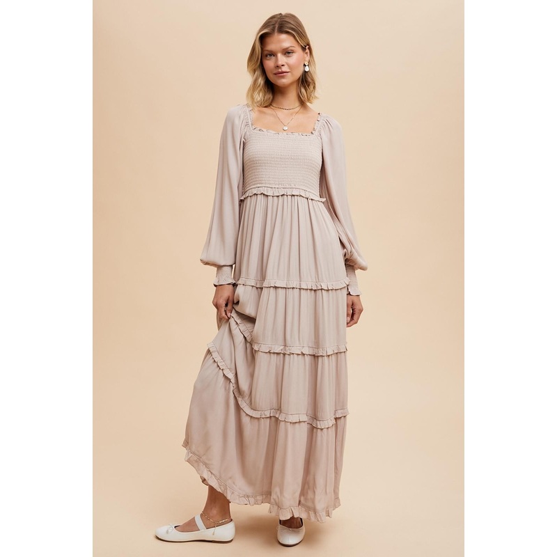 Beige Smocked Long Sleeve Ruffle Tiered Maxi Dress