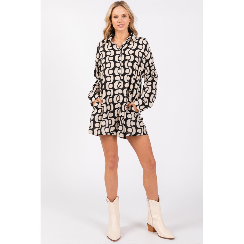 Black Button Front Long Sleeve Romper