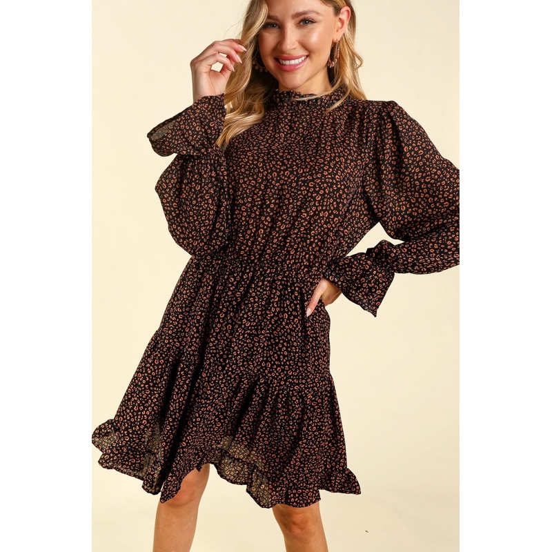 Black Terracotta Animal Frilled Mock Neck Elastic Waist Skirt