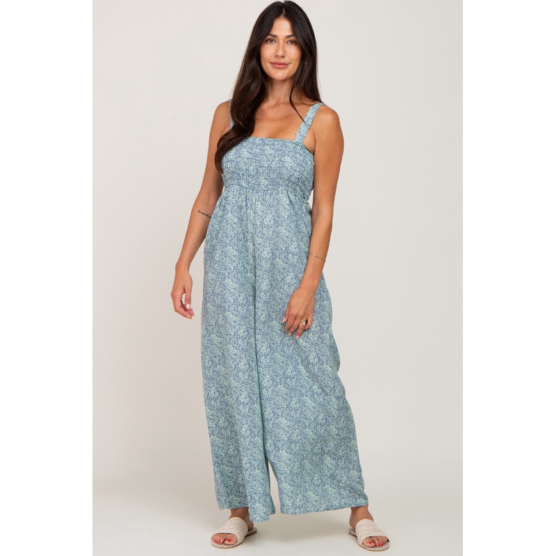 Blue Floral Smocked Square Neck Jumpsuit