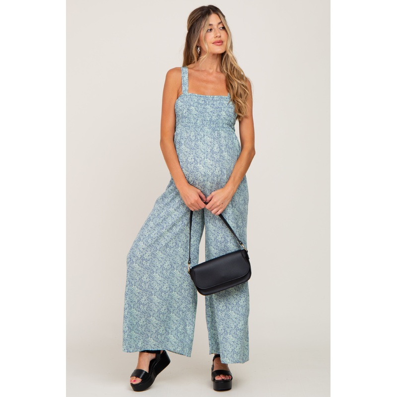 Blue Floral Smocked Square Neck Maternity Jumpsuit