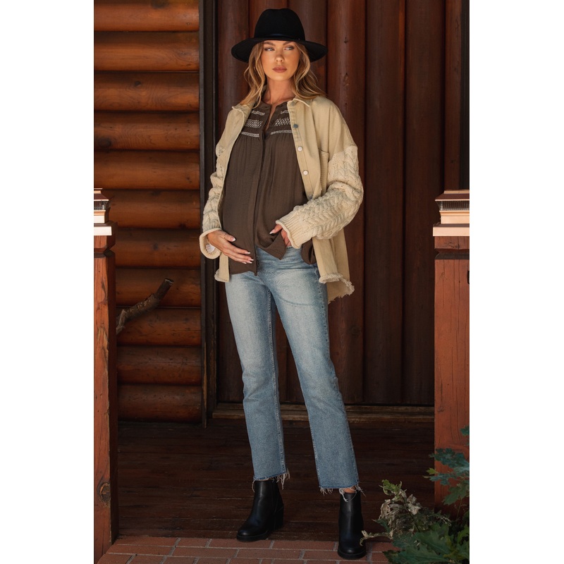 Blue Fringe Hem Cropped Slim Straight  Maternity Jeans