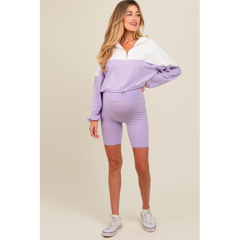 Lavender Colorblock Hoodie Shorts Maternity Set
