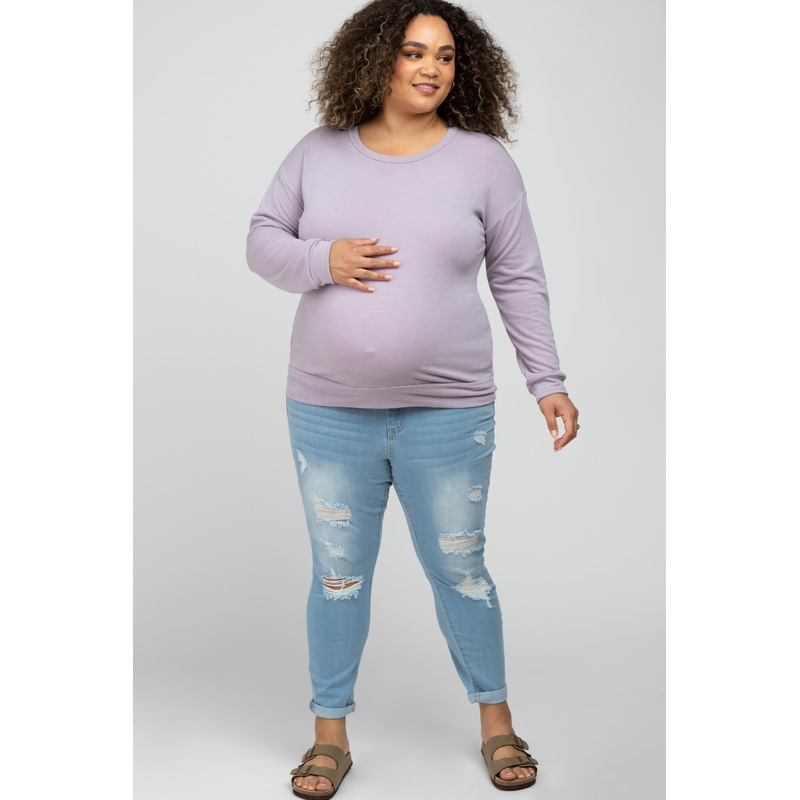 Light Blue Distressed Rolled Hem Maternity Plus Crop Jeans
