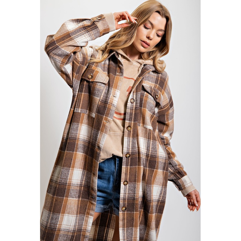 Mocha Plaid Button Front Long Coat