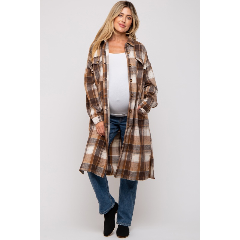 Mocha Plaid Button Front Long Maternity Coat