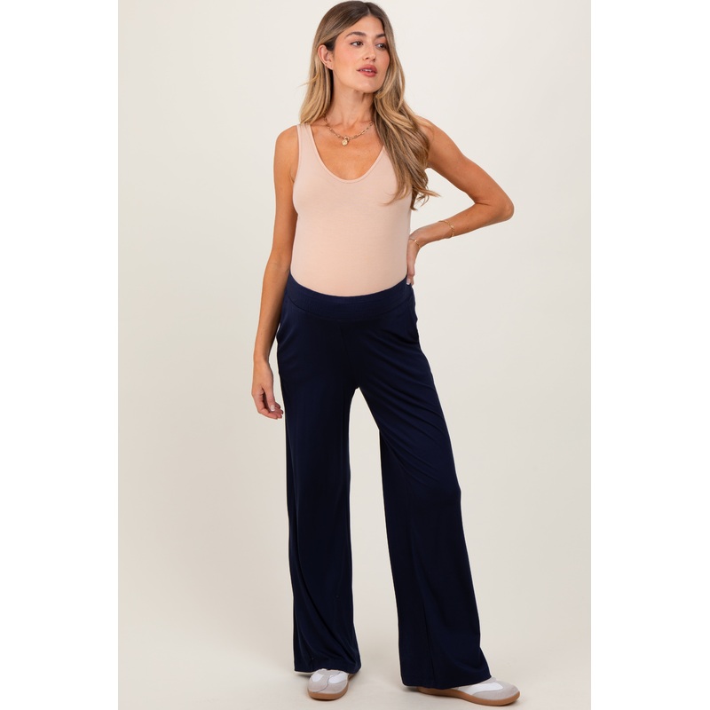 Navy Basic Wide Leg Pocketed Maternity Pants
