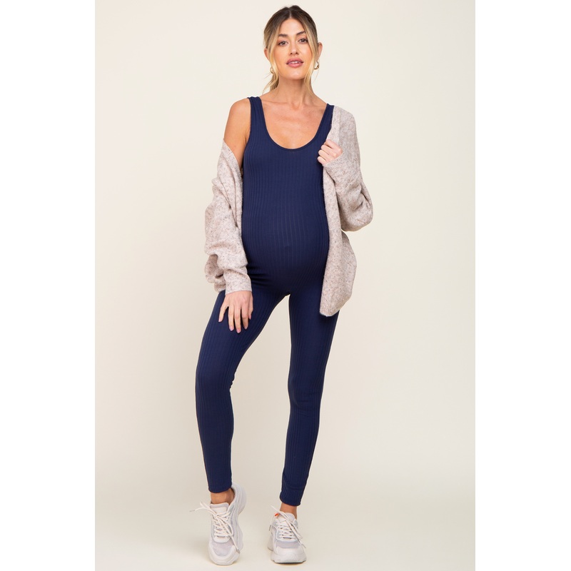 Navy Blue Ribbed Bodycon Maternity Jumpsuit