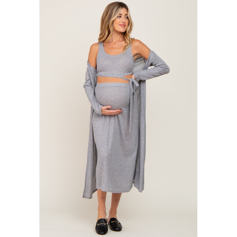Navy Heather 3-Piece Skirt and Cardigan Maternity Set