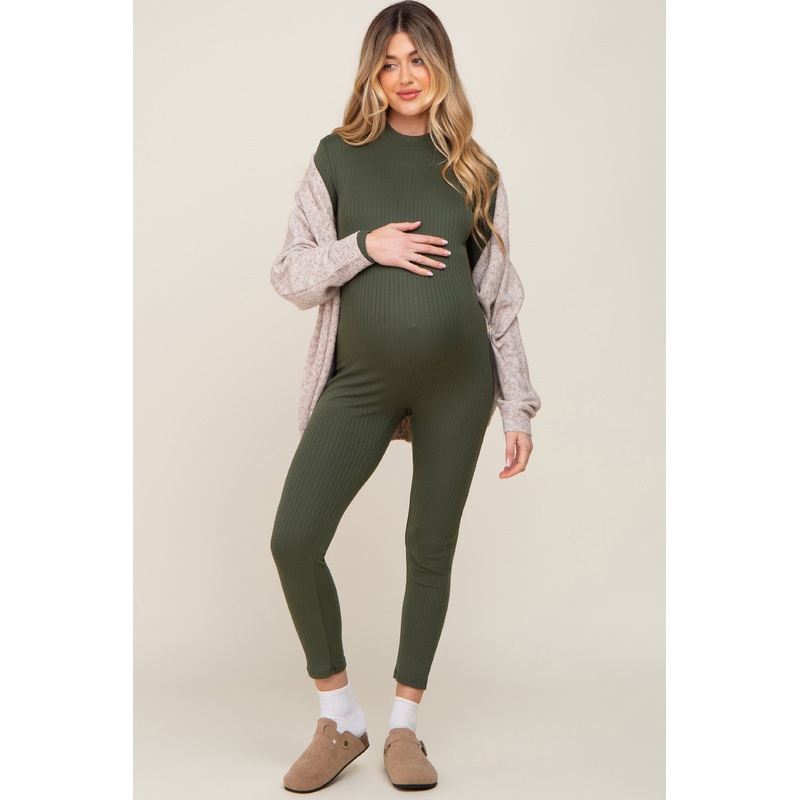 Olive Ribbed Maternity Jumpsuit