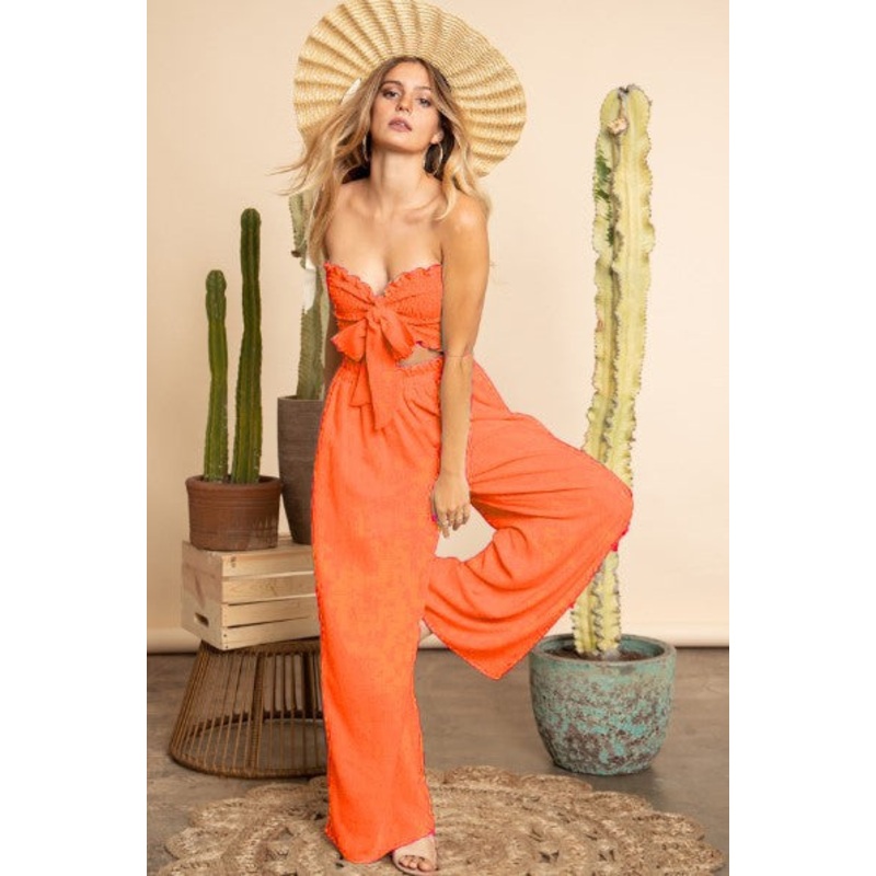 Orange Front Tie Crop Top and Pant Set