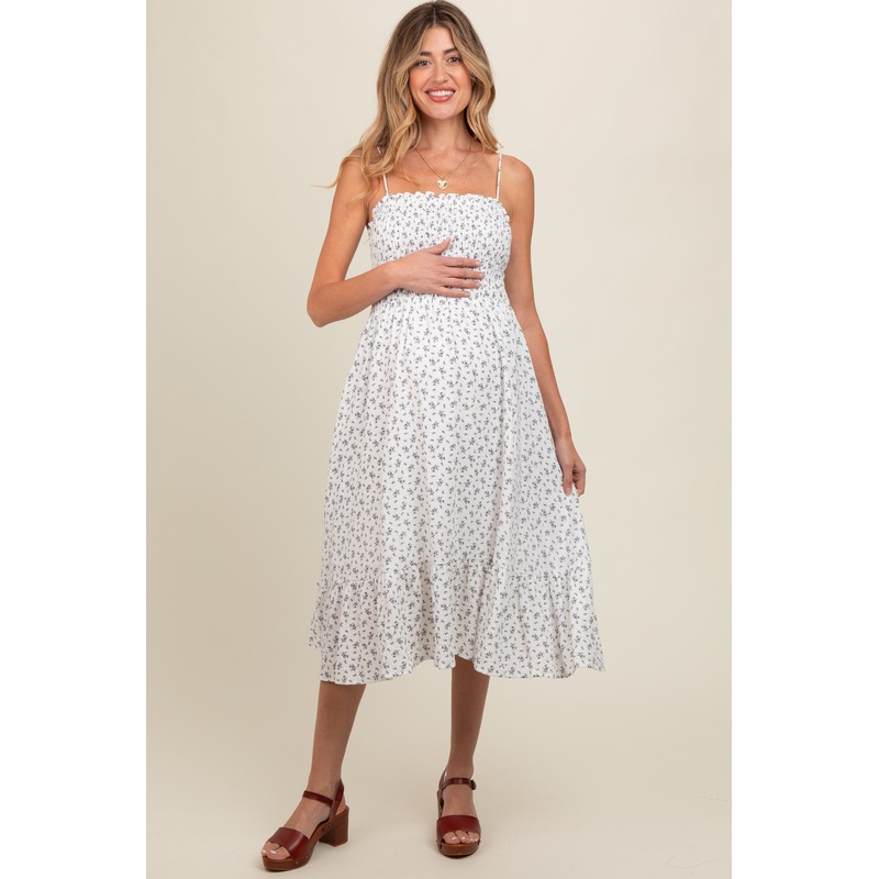 White Floral Smocked Sleeveless Maternity Midi Dress