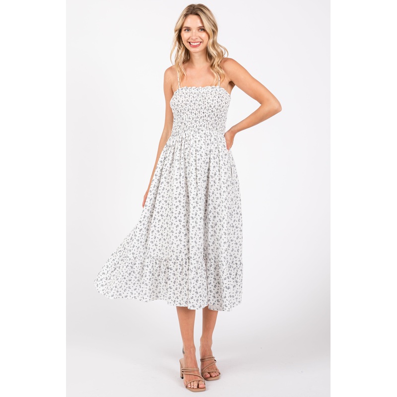 White Floral Smocked Sleeveless Midi Dress