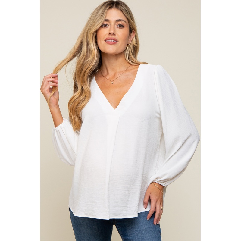 White Long Puff Sleeve Maternity Blouse Top