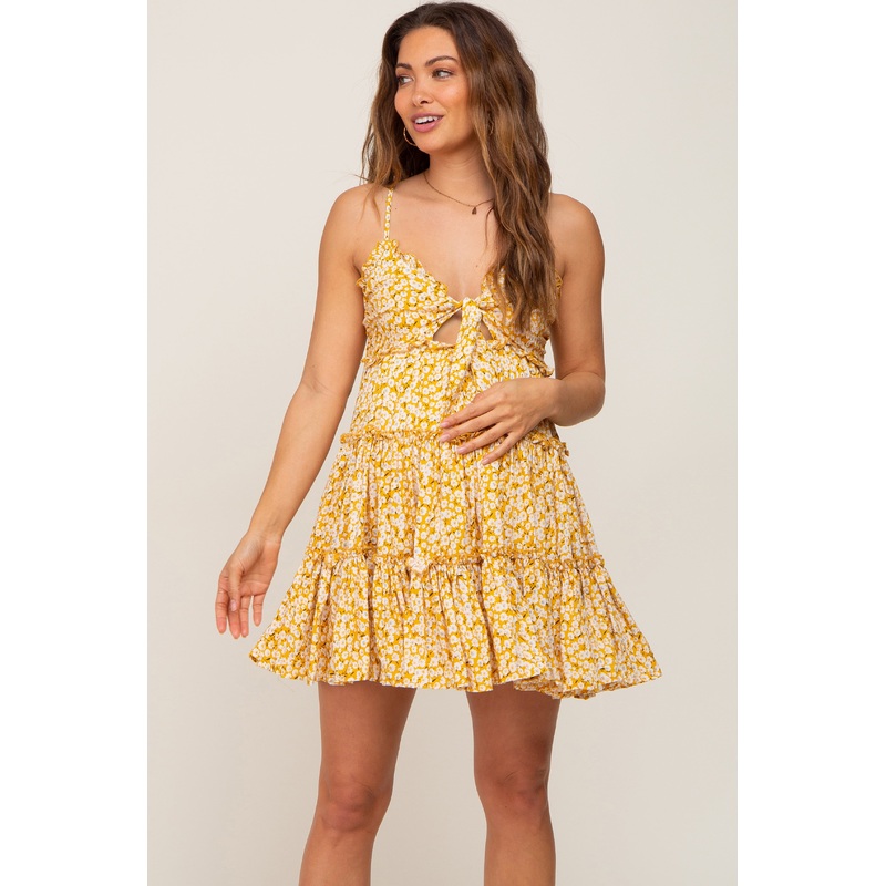 Yellow Floral Cut Out Tiered Ruffle Maternity Mini Dress
