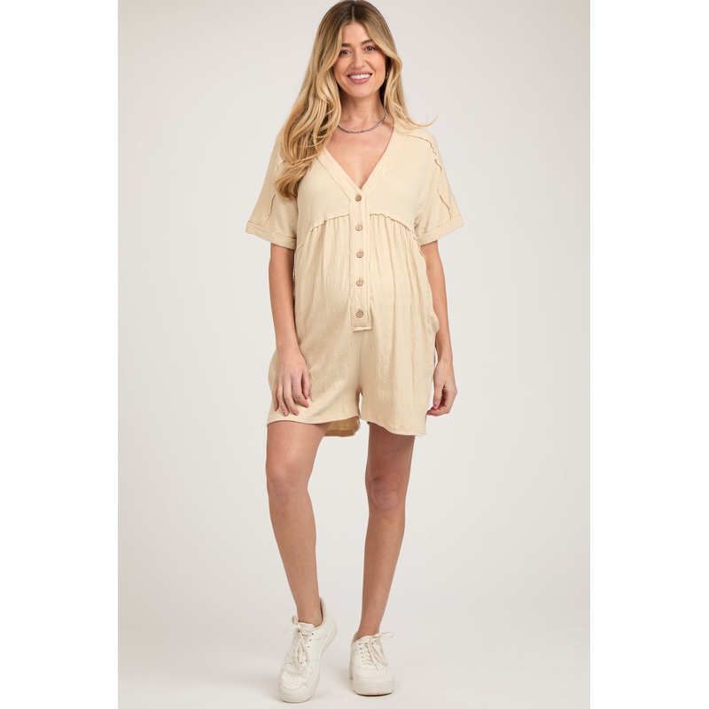 Beige Button Down Maternity Romper