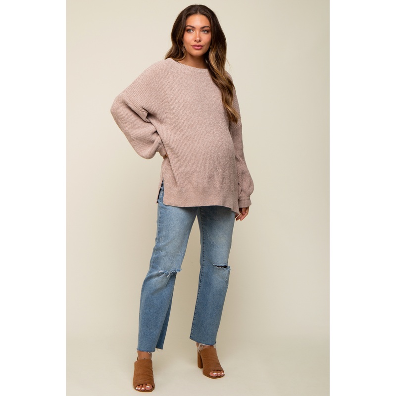 Beige Chenille Knit Balloon Sleeve Maternity Sweater