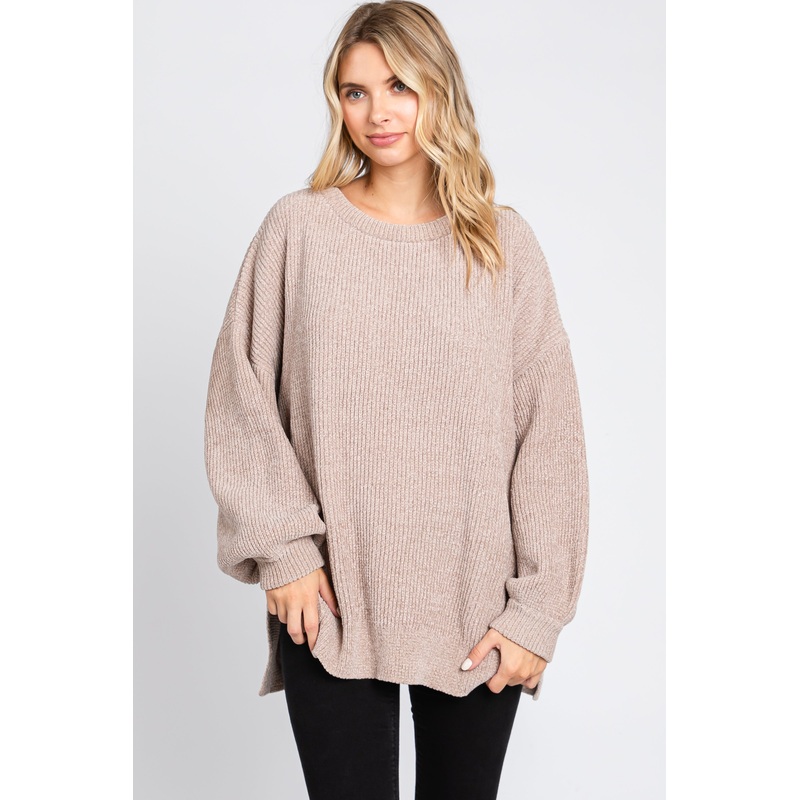 Beige Chenille Knit Balloon Sleeve Sweater