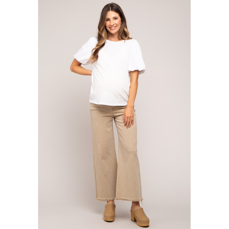 Beige Cropped Wide Leg Maternity Pants