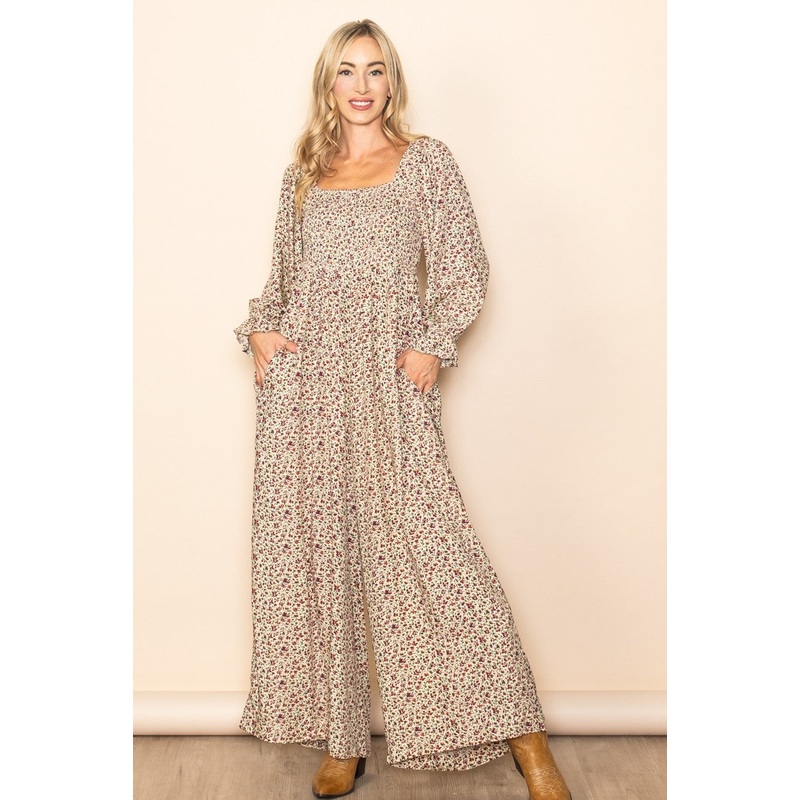 Beige Floral Smocked Wide Leg Jumpsuit