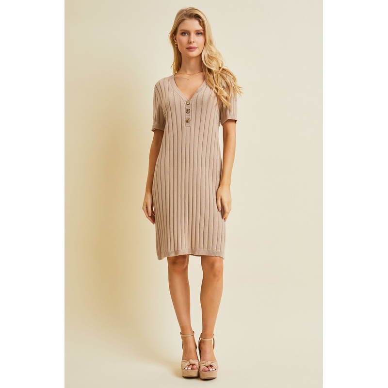 Beige Ribbed Knit Dress