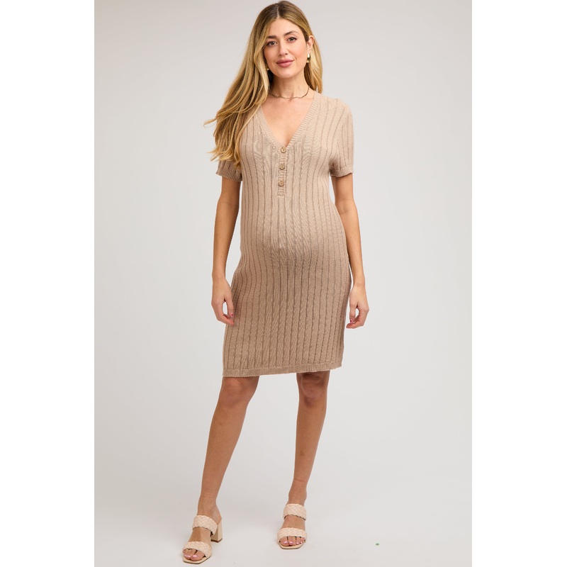 Beige Ribbed Knit Maternity Dress