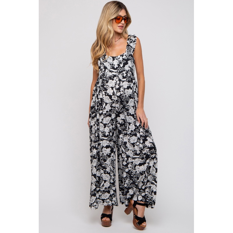 Black Floral Ruffle Strap Maternity Jumpsuit
