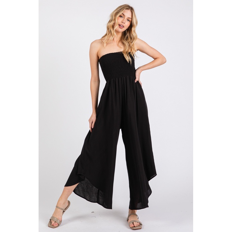 Black Strapless Smocked Tulip Leg Jumpsuit