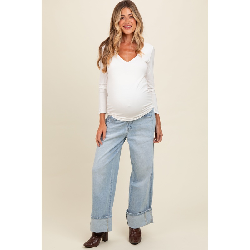 Light Blue Cuffed Relaxed Wide Leg Maternity Jeans