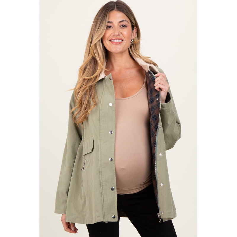 Light Olive Plaid Lined Oversized Maternity Zipper Jacket