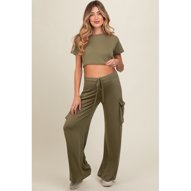 Olive Crop Top Cargo Pant Maternity Set