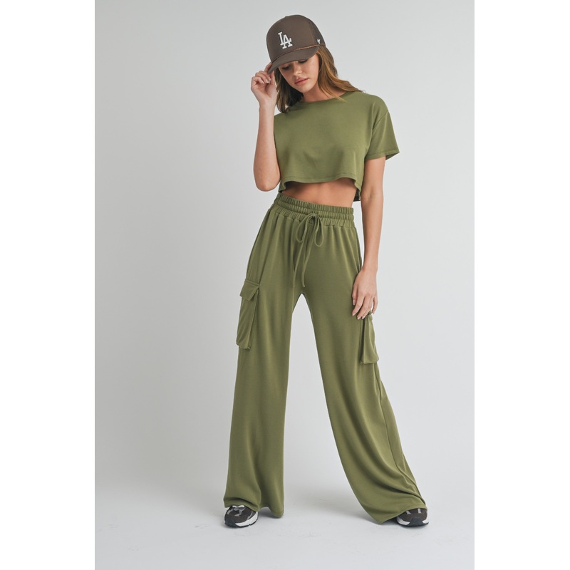 Olive Crop Top Cargo Pant Set