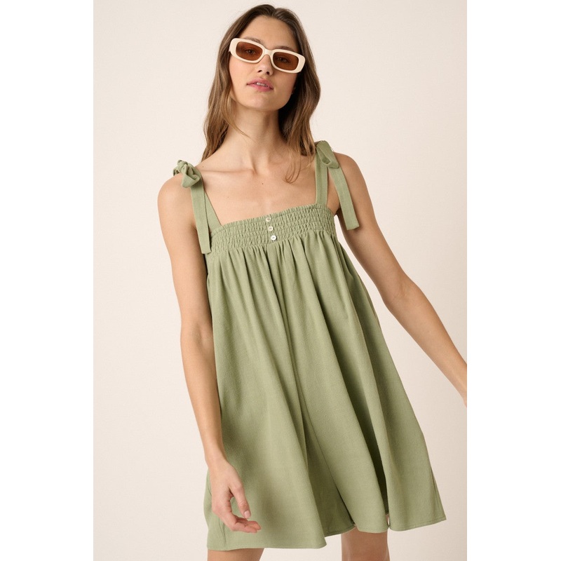 Sage Tie Detail Smocked Neckline Wide Leg Romper