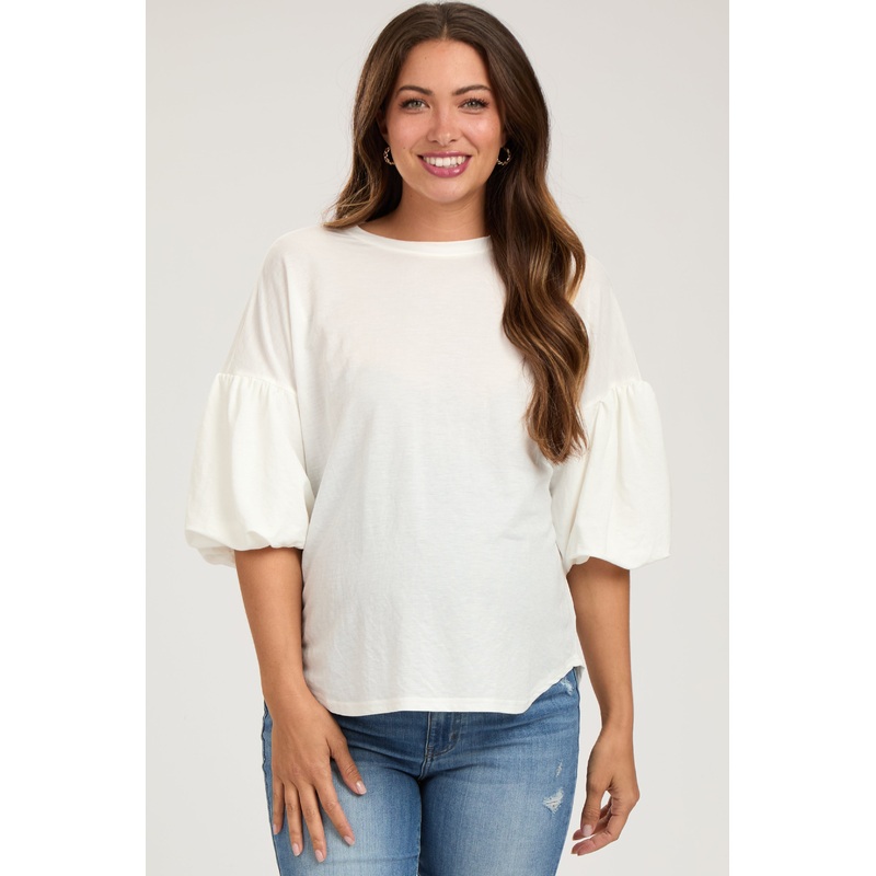 White Drop Shoulder Puff Sleeve Maternity Top