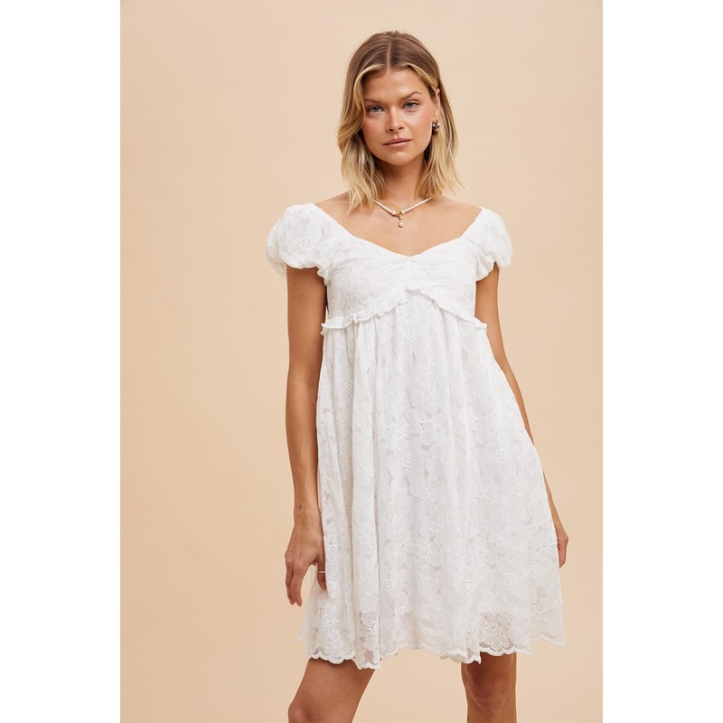 White Floral Lace Embroidered Puff Sleeve Dress