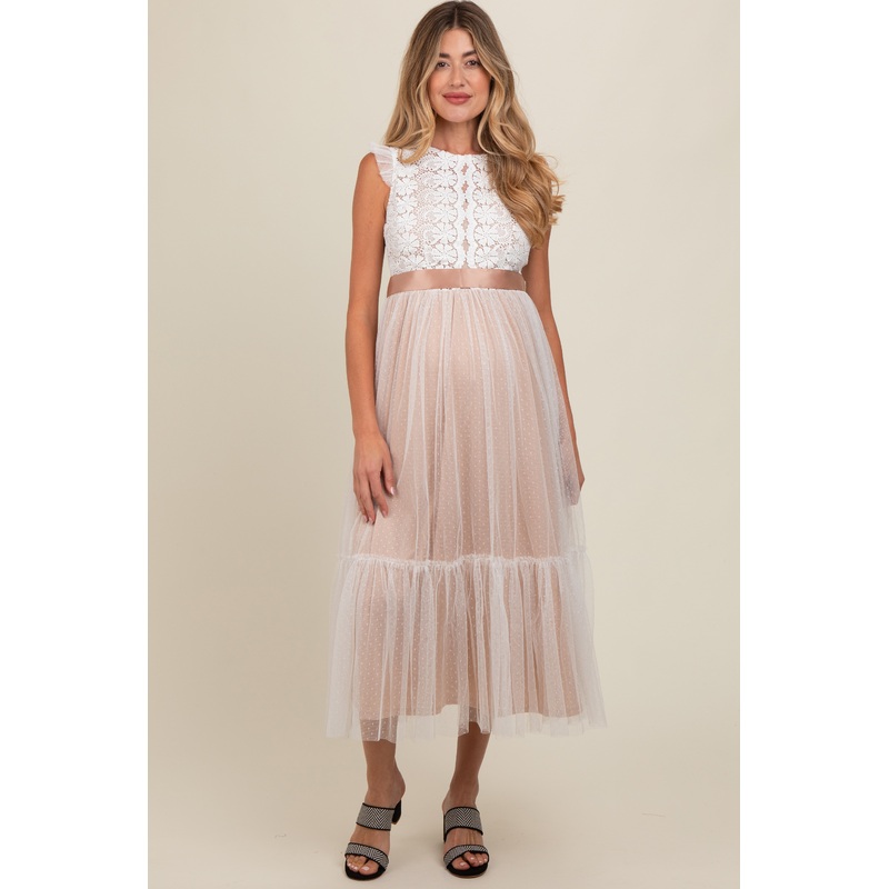 White Lace Contrast Tulle Maternity Maxi Dress