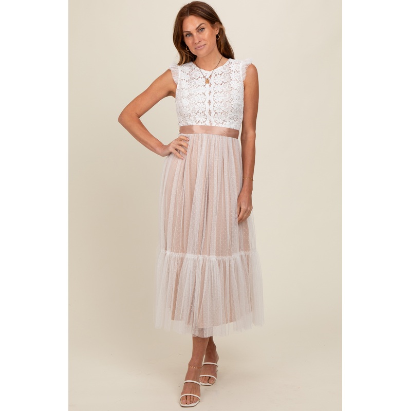 White Lace Contrast Tulle Maxi Dress