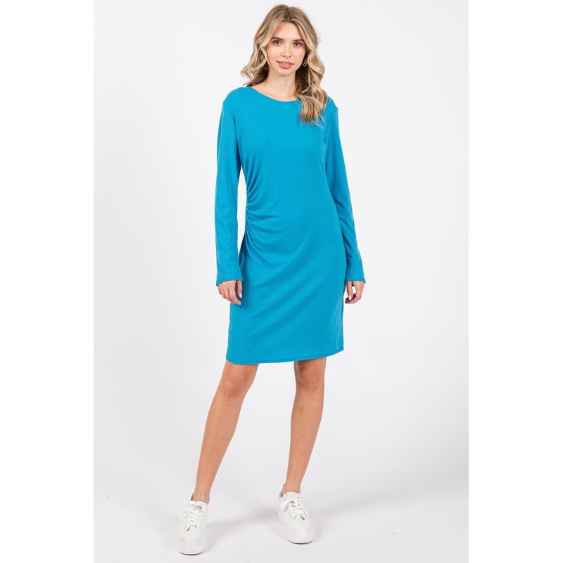Aqua Blue Ribbed Side Ruched Fitted Dress