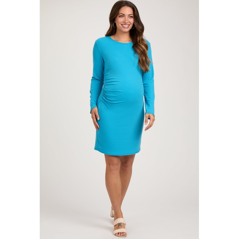 Aqua Blue Ribbed Side Ruched Maternity Fitted Dress