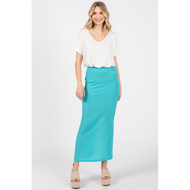 Aqua Textured Slit Midi Skirt